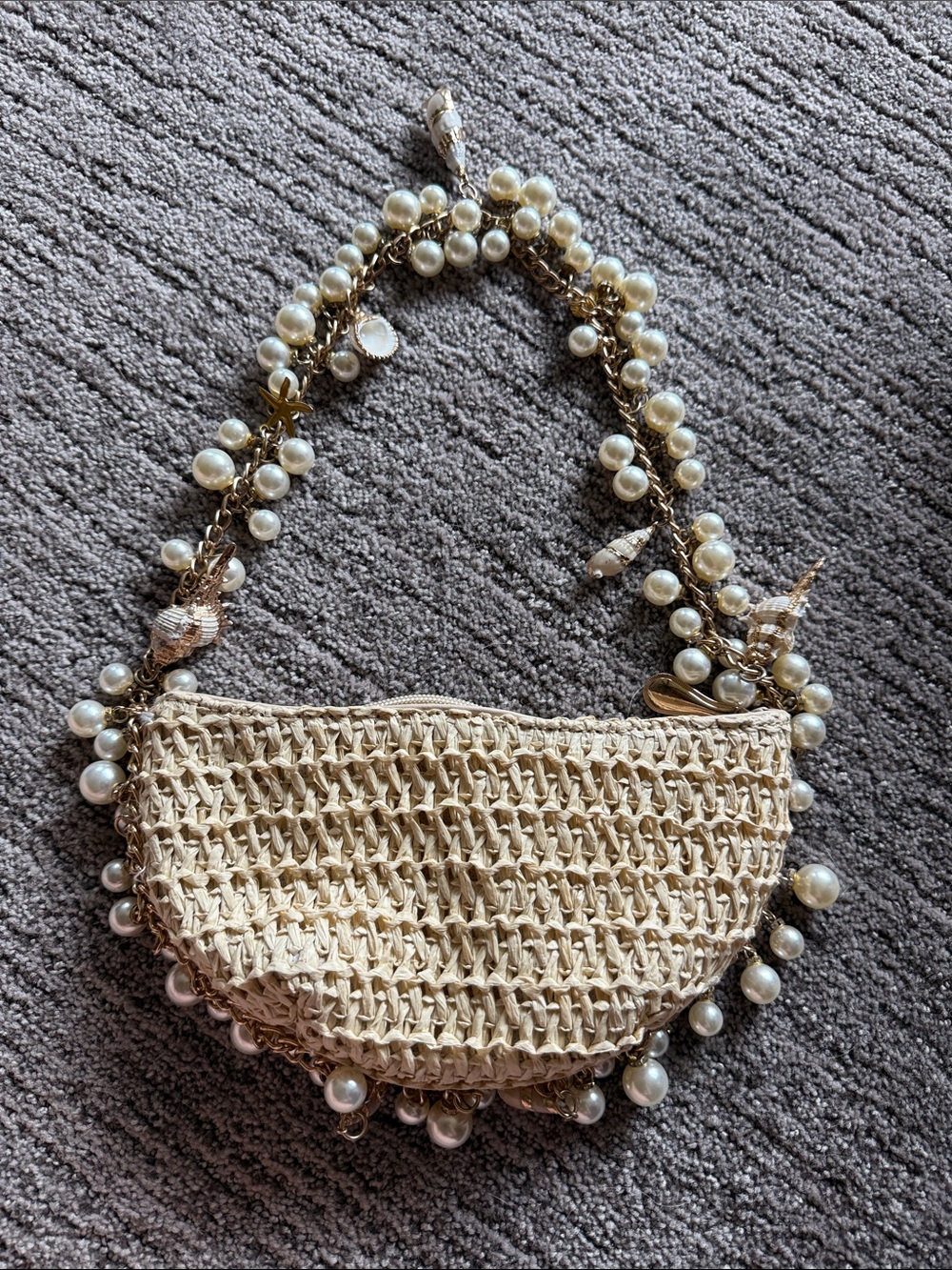 Pearl-Trim Crochet Shoulder Bag - Cream